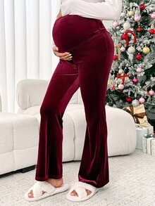 SHEIN Maternity Solid Color Adjustable Waist Flare Pants - Burgundy - View 6