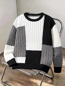 SHEIN 兒童青少年男孩休閒圓領拼色秋冬毛衣，適合通勤、上學、日常穿著、休閒外出與運動 - 灰色 - 查看 4