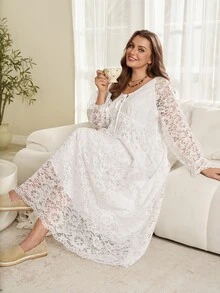 EMERY ROSE Plus Size Solid White Lace Patchwork V-Neck Long Sleeve Bow Front Ruffle Party Dress Fall Winter 2026 - White - View 8