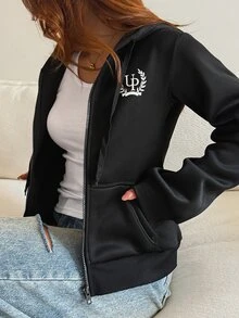 DAZY 黑色字母印花連帽拉鍊長袖休閒街頭風抽繩運動外套 秋季 - 黑色 - 查看 5