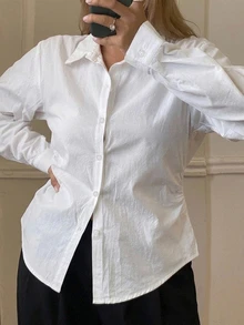 Dazy Plus Solid Color Fitted Waist Long Sleeve Collared Elegant Formal Spring Summer Autumn Blouse White Shirt - White - View 6