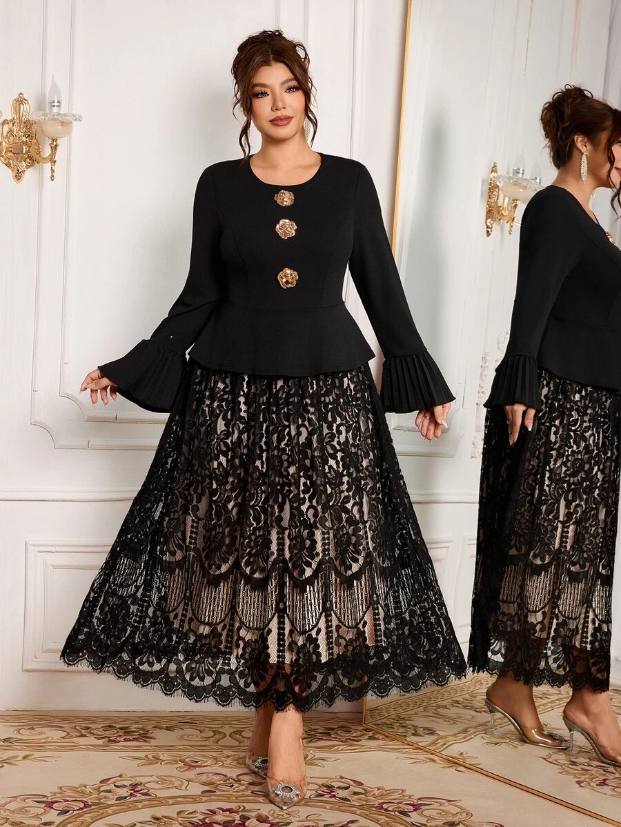 Modelyn Elegant Solid Color Knit Contrast Lace Round Neck Long Sleeve Waist-Cinching A-Line Regular Fit Spring/Autumn Plus Size Dress - Black - View 1