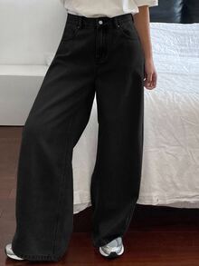 DAZY Teen Girl Pocket Wide Leg Loose Casual Versatile Denim Jeans - Black - View 8