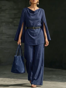SHEIN Navy Blue Cowl Neck Split Sleeve Cotton Set Women's High-End Commute Drape Wide Leg Pants Two Pieces Office Autumn Elegant - Navy Blue - View 3