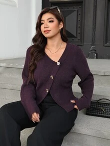 Roveilla Autumn/Winter Fashion Asymmetric Design Fitted Asymmetrical Gold Button Decor Pullover Sweater - Purple - View 7