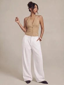 SHEIN PETITE 女款棉質條紋立領單排扣背心薄款西裝外套 秋冬款 - 摩卡棕 - 查看 2