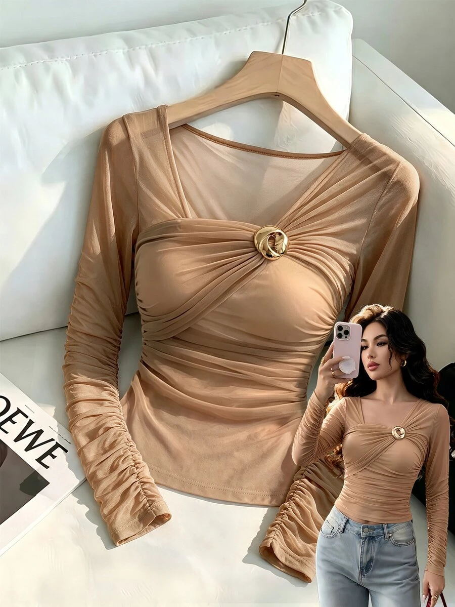 SHEIN Raffinéa Women's Spring/Autumn Mesh Asymmetrical Collar Shawl Top With Metal Decor, Sheer Casual Holiday Streetwear Top