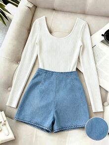 SHEIN Raffinéa Women's Button Design White T-Shirt And Skirt Pants 2 Pieces Set, Holiday Office, Festival Outfit - Blue and White - View 2