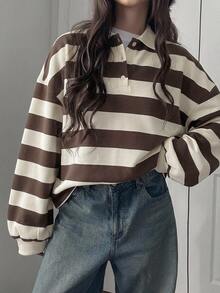 FRIFUL Women's Striped Polo Collar Casual Drop Shoulder Long Sleeve Loose Fit T-Shirt Fall - Brown - View 1