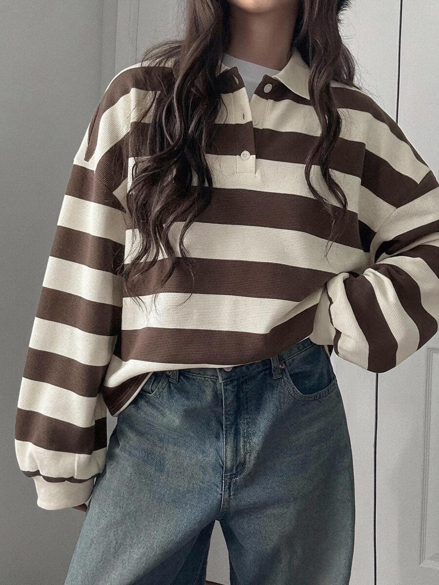 FRIFUL Women's Striped Polo Collar Casual Drop Shoulder Long Sleeve Loose Fit T-Shirt Fall - Brown - View 1