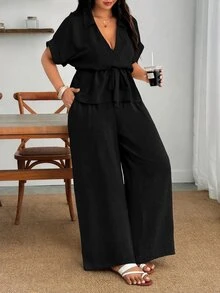 Enliva Plus Size Women Sand Linen Two Pieces Set Tie Waist Shirt Wide Leg Pants Vacation - Black - View 8