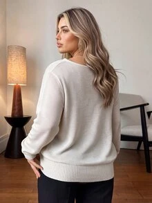 Vionelle Plus Size Fashion Beige Round Neck Long Sleeve Pullover Sweater With Split Hem Design, Casual Versatile Commute Work Life Autumn/Winter Top - Apricot - View 2