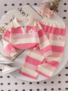 SHEIN 女童學院風 Polo 領兩件套，海軍藍對比色翻領長袖上衣 + 高腰寬腿褲，經典馬術刺繡休閒套裝，春夏秋冬百搭運動風，適合校園與日常穿著 - 粉色 - 查看 3