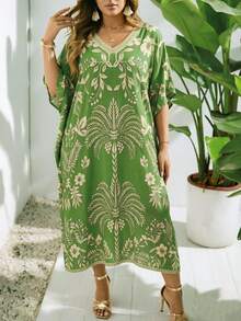 Swim Lushoire Gaun Penutup Pantai Motif Bunga Tropis Ukuran Besar - MultiWarna - View 6