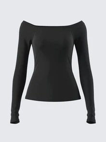 SHEIN BASICS 女款休閒純色露肩長袖修身正裝上衣 海軍藍女式上衣 - 深灰色 - 查看 2