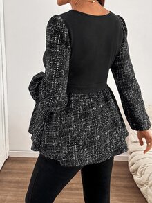 SHEIN قميص كاجوال للحوامل بتصميم رقعات مربعات وياقة دائرية وأكمام طويلة للخريف - الأسود - مشاهدة 8