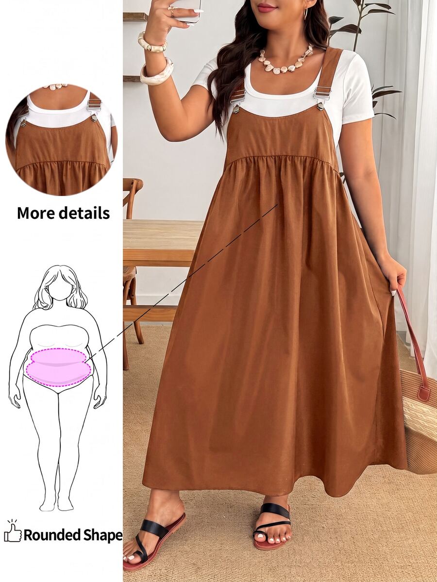Enliva Plus Size Loose Black Strap Dress - Brown - View 1