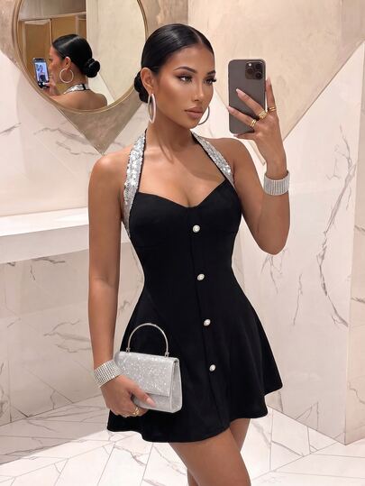 Slaydiva Robe mini noire à perles pour femme, col licou, boutonnée, coupe trapèze, robe patineuse sexy pour club, soirée, anniversaire, cocktail et sortie