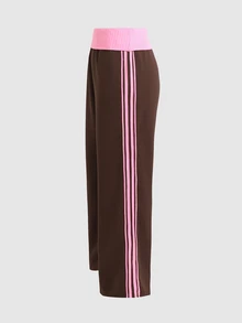 SHEIN 青少年女孩秋冬春季休閒時尚街頭風棕色拼色拼接摺腰側縫織帶裝飾寬鬆寬腿運動長褲 - 棕色 - 查看 6