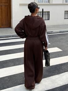 Muchica 女款街頭風刺繡拉鍊連帽外套與口袋長褲兩件套，復古街頭秋冬保暖休閒運動短版棕色拼接 - 咖啡棕 - 查看 2