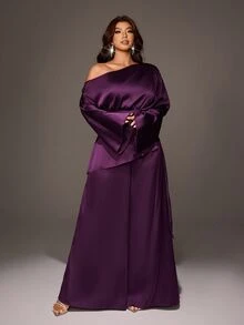 Viva Relle Plus Size Women Solid Color Asymmetric Shoulder Top And Skirt Fashion Set - Purple - View 1