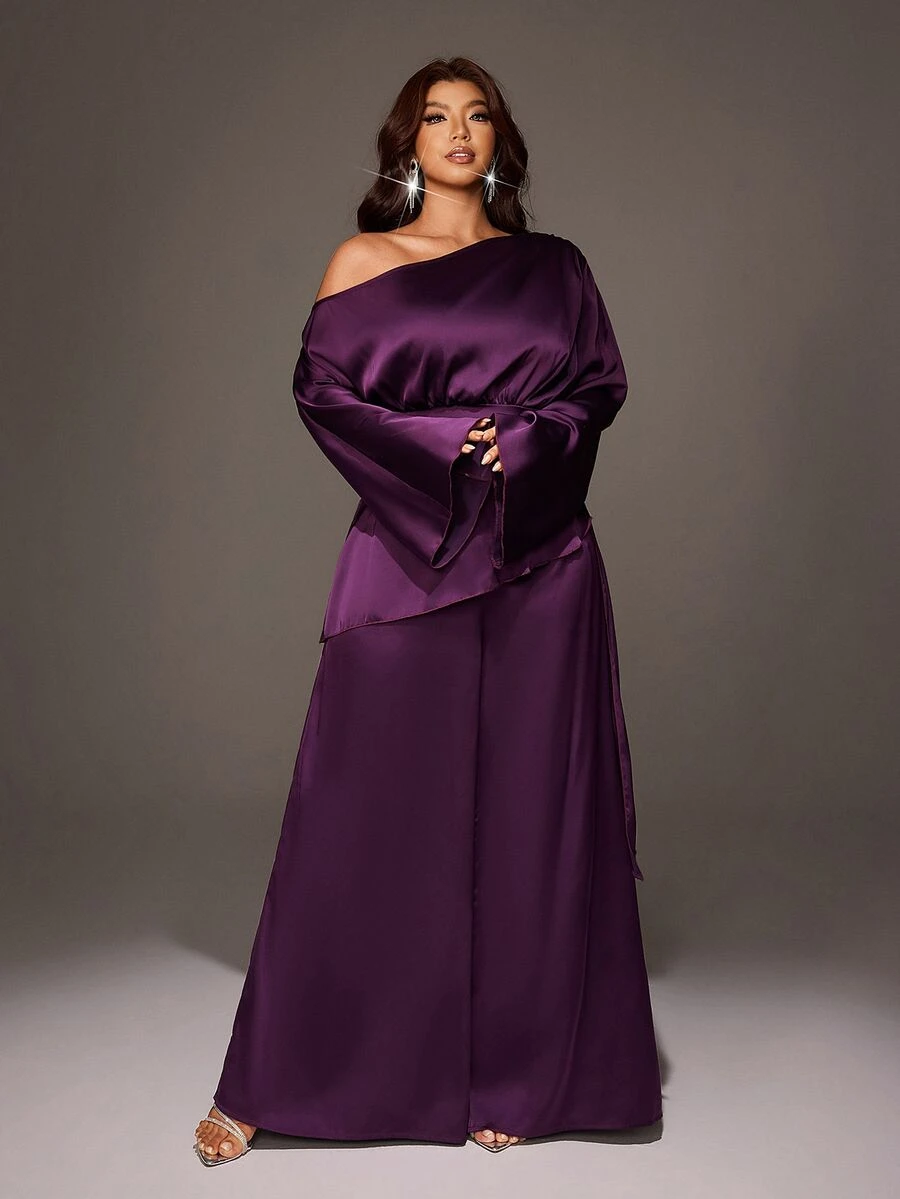 Viva Relle Plus Size Women Solid Color Asymmetric Shoulder Top And Skirt Fashion Set - Purple - View 1