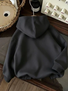 青少年女孩刺繡寬鬆連帽衛衣，舒適厚實柔軟保暖秋季上衣，開學季穿搭 - 深灰色 - 查看 2