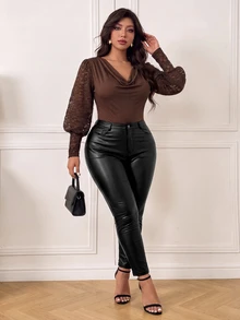 Femmeverse Áo bodysuit nữ size lớn màu nâu cổ đổ rủ, tay dài phồng ren, nhún eo định hình bụng, dáng ôm sát, áo lớp lót thời trang đa năng - Cà phê nâu - Xem 4