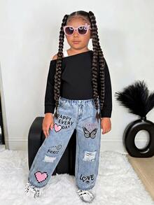 SHEIN SLAYR KIDS Young Girls Street Fashion Black Asymmetrical Shoulder Sweatshirt Top & Denim Effect Loose Pants Set - Baby Blue - View 3