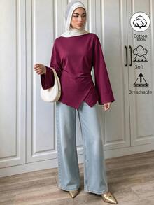 Elenzga Off White Boat Neck Ruched Waist Irregular Hem Cotton Blouse, French Casual Top For Office, Dating & Autumn Daily Outfit - Burgundy - View 3