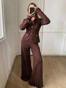 Livesso Women's 2pcs Set Brown Round Neck Long Sleeve Knit Sweater And High Waist Slim Fit Ribbed Knit Pants, Autumn/Winter - Brown - View 4