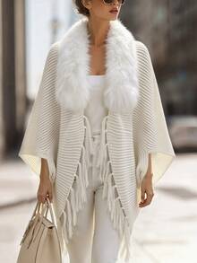SHEIN Franclia Women's Fur Collar Batwing Sleeve Tassel Design Fashion Knit Cardigan - White - View 5