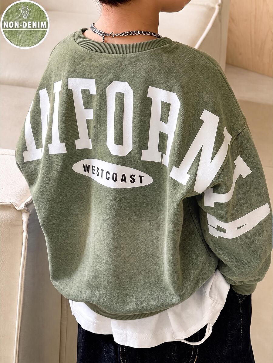 大童男孩數位印花 California 英文字母時尚休閒圓領長袖運動衫 綠色上衣 - 彩色 - 查看 1