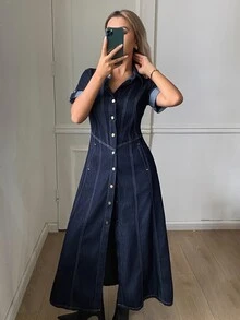 DAZY Women's Front Button Long Denim Dress - Blue - View 3