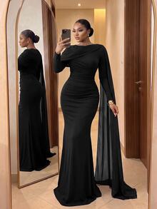 SHEIN Lady CURVE Plus Size Elegant Formal Party Formal Evening Nightwear Mermaid Dress Black Autumn Fall - Black - View 3