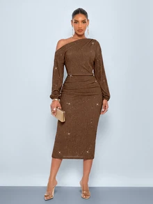 SOLERSUN Sexy Elegant Commuter Women's Asymmetrical Shoulder Shiny Dress Coffee Brown Autumn/Winter Cocktail Night Out - Brown - View 8
