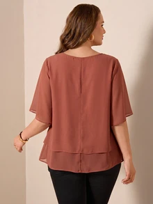 SHEIN LUNE 大尺碼女款純色休閒日常短袖襯衫 - 藕粉色 - 查看 2