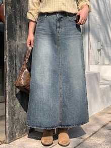 Dazy Plus Vintage Denim Skirt Versatile Women's Slit Long A-Line Slimming Denim Skirt - Medium Wash - View 6