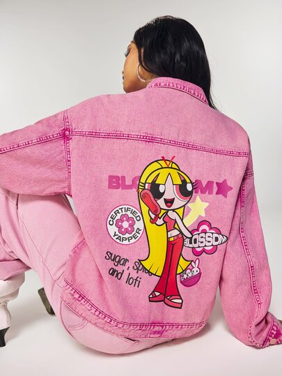 THE POWERPUFF GIRLS X SHEIN Women's Letter Cartoon Print Drop Shoulder Long Sleeve Single-Breasted Casual Denim Jacket