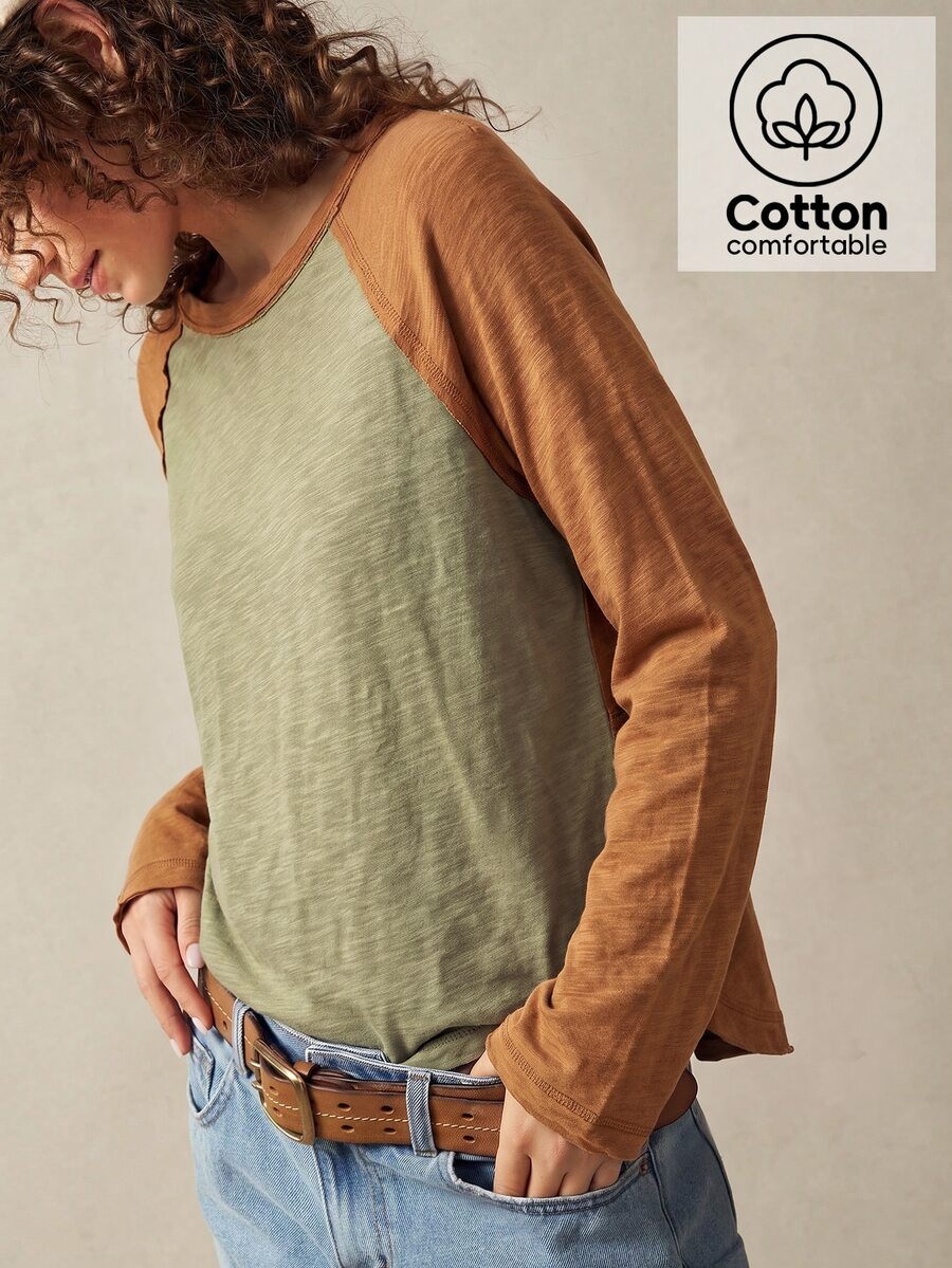 Bohemela Casual Solid Color Knit Patchwork Round Neck Long Sleeve Women's T-Shirt - Multicolor - View 1
