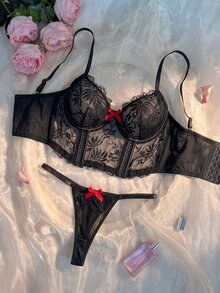 Crystal Vow 2pcs Women's Lace Lingerie Set - Black - View 3