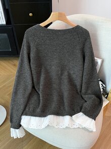 GlowEve CURVE Plus Size Women's Fashion Casual Minimalist Versatile Elegant Lace Patchwork Ruffle Long Sleeve Button Round Neck Knit Cardigan - Grey - View 2