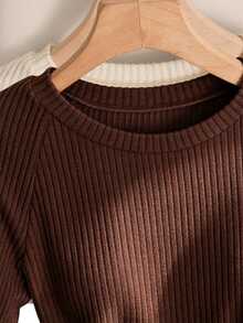 SHEIN Franclia Fall/ Bodysuit Innerwear Casual Everyday Comfortable Fabric Basic Round Neck Long Sleeve Chocolate Brown Beige Social Formal Festival Outfits House - Multicolor - View 6