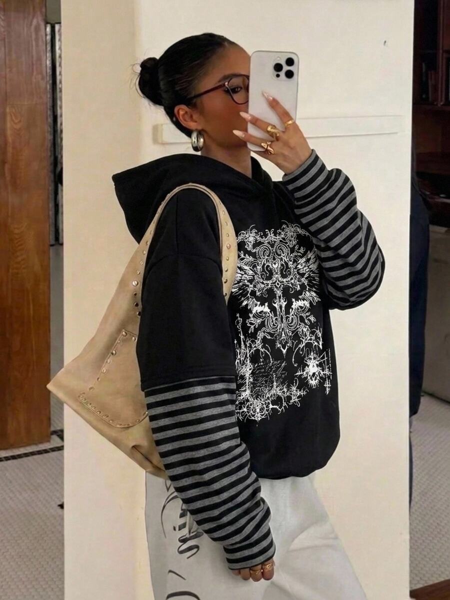 SHEIN 青少年女孩萬聖節圖案印花寬鬆長袖連帽衛衣,秋季上衣,黑色上衣,街頭休閒龐克哥德風,前衛層次感套頭衫,舒適保暖 - 黑色 - 查看 1