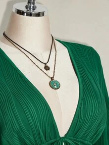 SHEIN ICON 女款大尺碼紋理前綁帶上衣，度假時尚 - 墨綠色 - 查看 7
