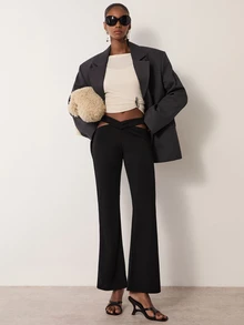 MERLEAU Women's Modern Black Hollow Waist Long Pants - Black - View 4