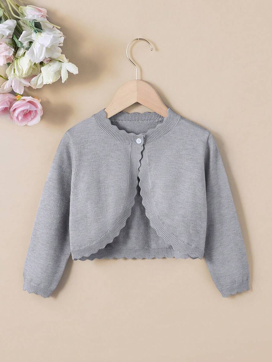 SHEIN Elladie kids كارديجان للفتيات الصغيرات بلون موحد كاجوال متعدد الاستخدامات للارتداء اليومي - رمادي - مشاهدة 1