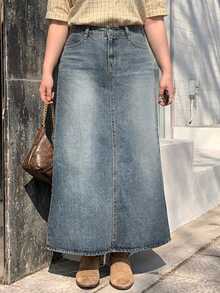 Dazy Plus Vintage Denim Skirt Versatile Women's Slit Long A-Line Slimming Denim Skirt - Medium Wash - View 4