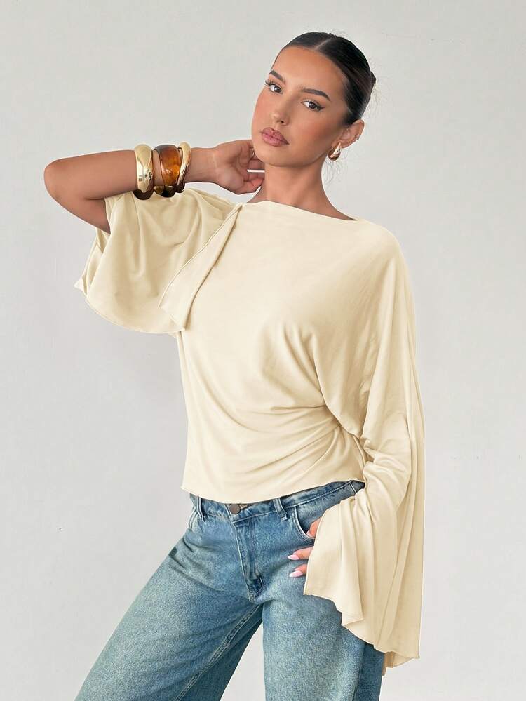 Siren Gaze Women's Solid Color Pleated Casual Versatile Daily T-Shirt - Khaki - View 4