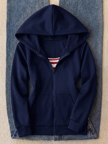 青少年女孩休閒運動風灰色小馬刺繡裝飾連帽開襟運動衫 - 藍色 - 查看 6